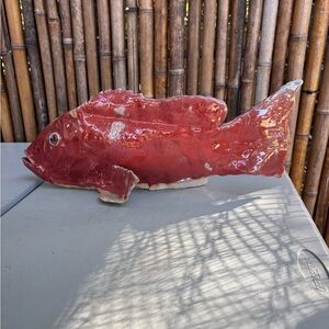 MCM Hand Made Pottery Red Snapper Fish Figurine Glazed Ceramic Art Signed